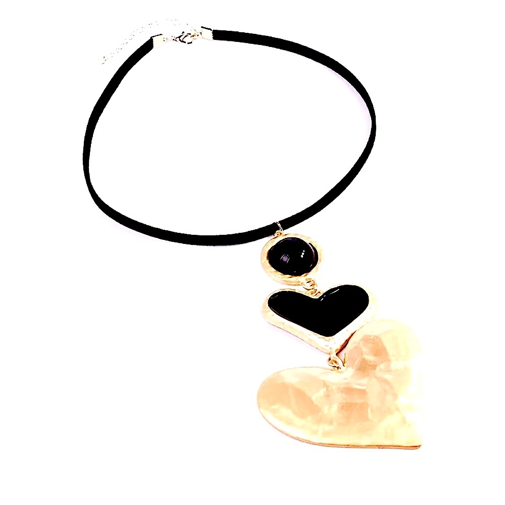 NEW Gold Rim Black Enamel Layered Hearts Necklace - Picture 2 of 12